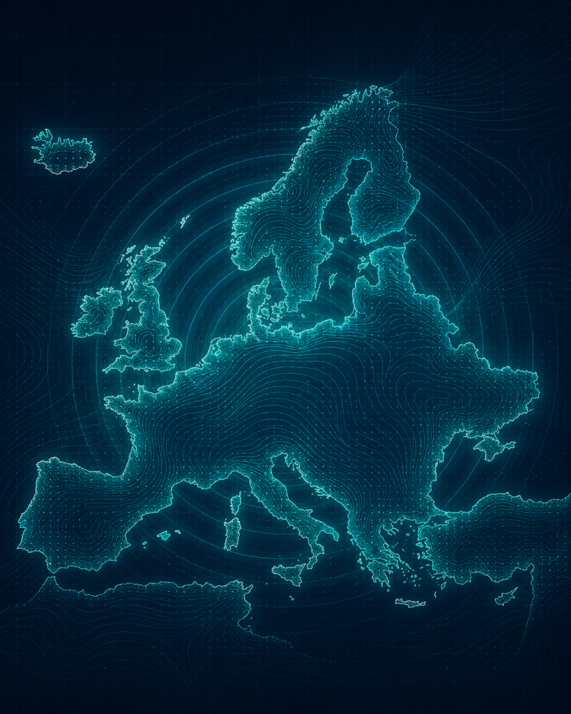 Illustratieve kaart van Europa met pulserende veldlijnen