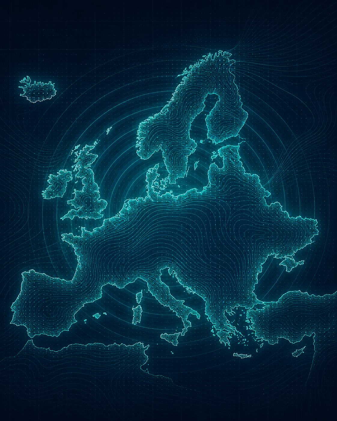 Illustratieve kaart van Europa met pulserende veldlijnen