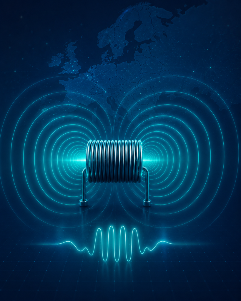 Illustratie van een elektromagnetische spoel met pulsen en veldlijnen