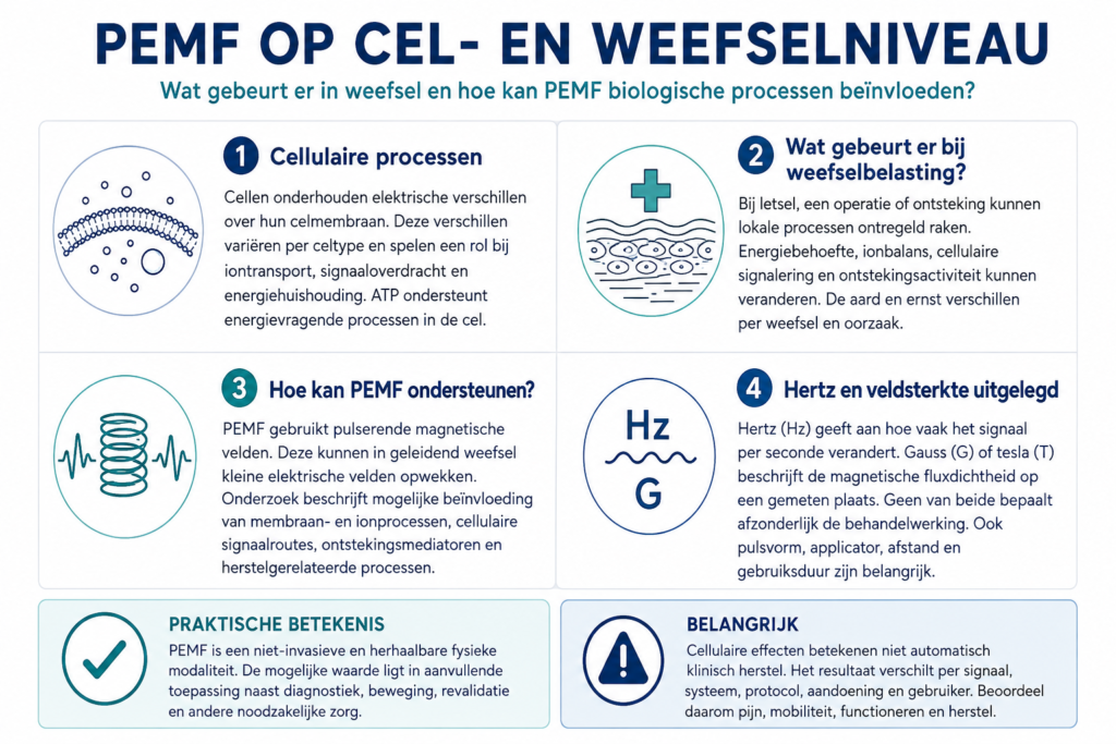 Infographic over de mogelijke invloed van PEMF op cellulaire en weefselprocessen en de betekenis van hertz en veldsterkte.